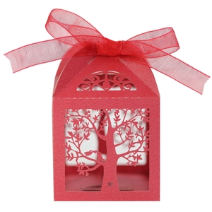 Detailed laser-cut tree and birds pattern on red candy box with a sheer organza ribbon