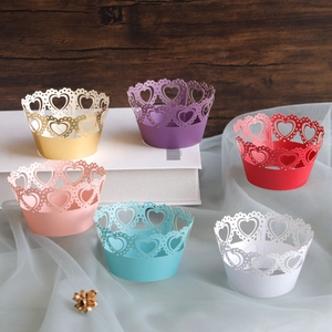 Laser Cut Heart Cupcake Wrappers Pearlescent Paper Lace Hollow Cake Border Wedding Birthday Party Dessert Decorations