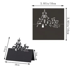Halloween place cards with laser-cut castle and witch design for table decorations