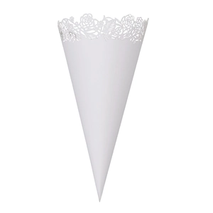 Laser cut white paper wedding cone with intricate floral lace for party confetti