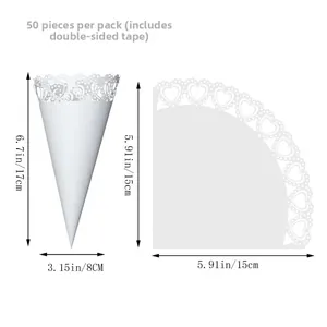 Detailed size specifications for white heart laser-cut lace wedding confetti cones