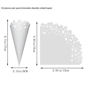 Flat and assembled white hollow flower paper cones with detailed size measurements