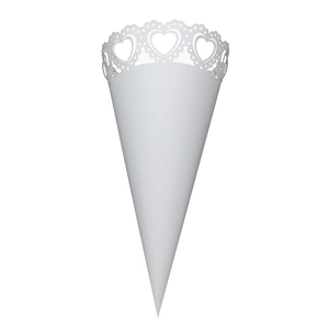 Detailed view of white paper cone with hollow heart lace pattern for wedding petal toss