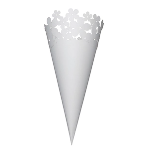 Close-up of white laser-cut hollowed paper cone for wedding flower petals and confetti