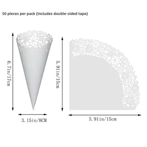Laser-cut floral white paper wedding cone 17cm height for flower petals set of 50