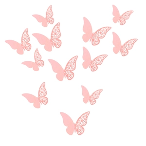 Detail of 12 pink 3D hollow butterfly wall stickers with intricate cutout art designs