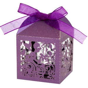 Close-up of laser-cut purple gift box with 18th birthday design and organza ribbon bow
