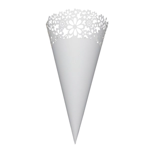 Detailed view of white lace hollow paper cones with laser-cut flower patterns for weddings