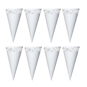 Detailed set of 8 white lace hollow paper cones for wedding petals and confetti
