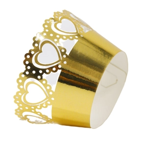 Laser cut golden hollow heart cupcake wrappers with mirror finish for party decor
