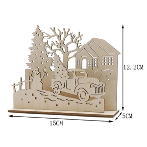 3D wooden Christmas tree scene with snowy cottage and car, size 15cm x 5cm x 12.2cm