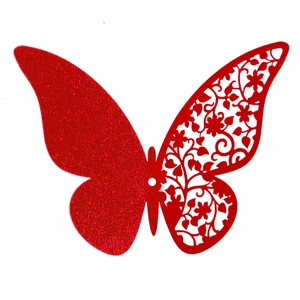 Macro detail of red 3D hollow butterfly wall sticker with fine floral texture and glitter