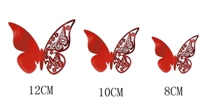 Three-piece set of red hollow butterfly wall stickers in sizes 12cm, 10cm, and 8cm