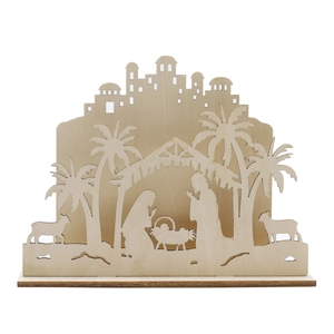 Laser cut wooden nativity scene with holy family and palm trees for Christmas decoration