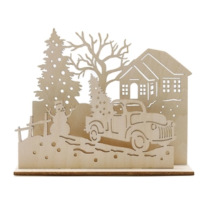 3D multilayer wooden Christmas scene with snowman, vintage truck and snowy house decor