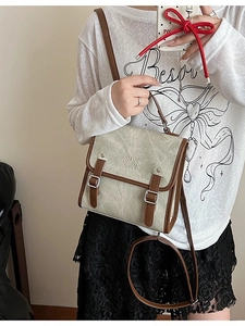 Vintage college style satchel bag in beige canvas and brown leather with shoulder strap