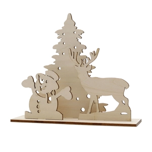 Laser cut wooden Christmas silhouette decor with reindeer, snowman and tree on base