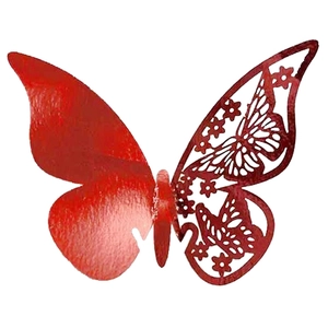 Detailed view of red hollow butterfly wall decor with metallic finish and floral cutout