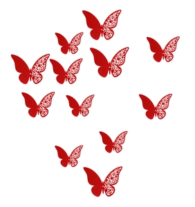 Detail of red 3D butterfly wall stickers with hollow floral patterns for party decoration