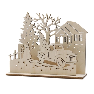 3D wooden Christmas scene featuring a vintage truck, snowman and trees on a wooden base