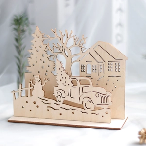 Wooden Christmas 3D Desktop Ornament Laser Cut Winter Scene Snowman Truck Pine Tree House Natural Wood Festive Table Decor