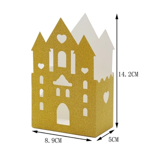 Golden glitter castle candy box with intricate hollow heart design and size dimensions