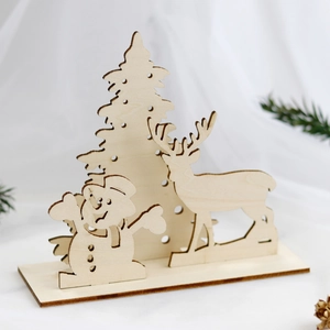 Laser cut wooden 3D Christmas ornament featuring reindeer, snowman, and tree decor