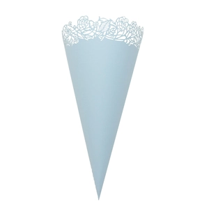 Light blue hollow laser-cut paper cone with floral lace edge for wedding confetti and party