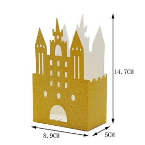 Boîte à bonbons de mariage en forme de château doré avec finition à paillettes