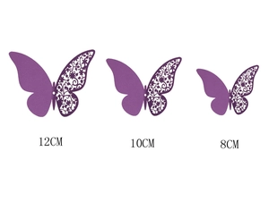 Three sizes of 3D purple hollow butterfly wall stickers in 12cm, 10cm, and 8cm dimensions