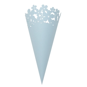 Detail of light blue laser-cut flower patterns on a wedding confetti paper cone