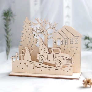 DIY laser-cut wooden Christmas tree and snowman village desktop ornament scenery