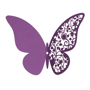 Detail of laser-cut purple paper butterfly with floral hollow patterns for wall decor