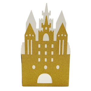 Boîte à bonbons château doré à paillettes avec design découpé au laser pour mariage et fête