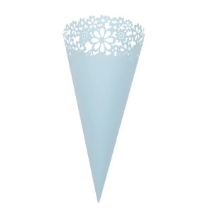 Elegant light blue paper flower cone with laser-cut floral edges for wedding petals