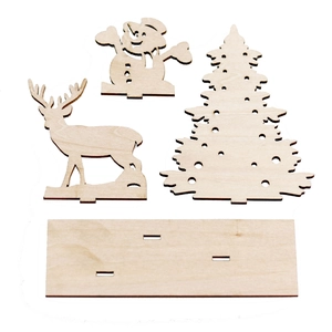 Detailed laser-cut DIY wooden Christmas set with reindeer, snowman and tree on a plain base