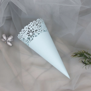 Light blue lace wedding petal cone with intricate laser cut floral hollow design
