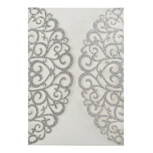 Elegant laser-cut silver glitter wedding invitation cover with floral heart patterns