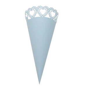 Close-up of light blue lace paper cone with delicate heart-shaped laser cut design for weddings