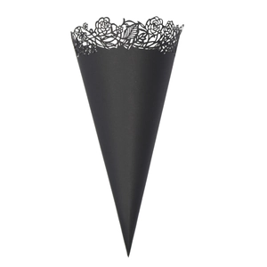 Black cone confetti petal holder with laser-cut rose hollow edges for wedding parties