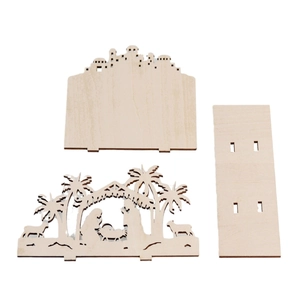Laser cut wooden nativity scene DIY set featuring Jesus birth and palm trees ornament