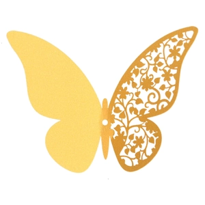 Detail of 3D hollow butterfly wall sticker in bright gold with laser-cut floral texture