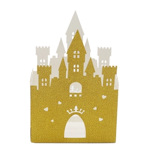 Glittery gold laser-cut castle candy box for birthday party and wedding favors