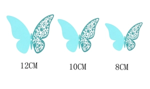 Three light blue hollow butterfly wall stickers with floral patterns in 12cm, 10cm, 8cm sizes