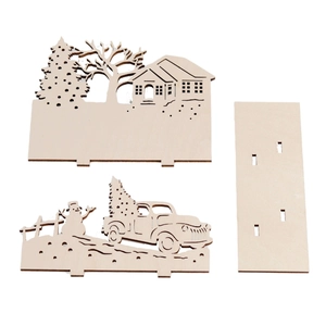 DIY laser cut wooden Christmas tree and snowman ornaments set in natural wood finish