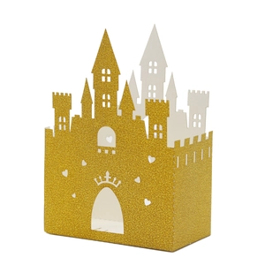 Sparkling gold glitter castle candy box with laser cut hollow heart and crown patterns