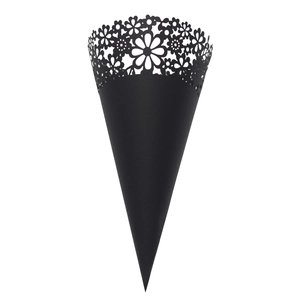 Detail of black laser-cut floral hollow paper cone for wedding flower petals and confetti