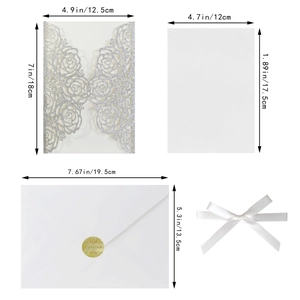 Detailed size chart for glitter rose wedding invitation set with envelopes and ribbon