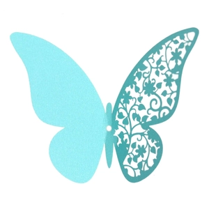 Close-up of light blue 3D hollow butterfly wall sticker with intricate laser-cut floral detail