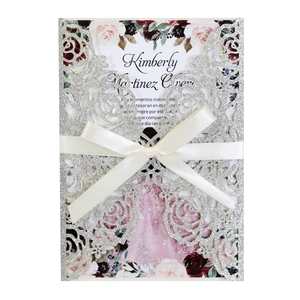 Elegant laser cut silver glitter rose wedding invitation set with cream satin bow